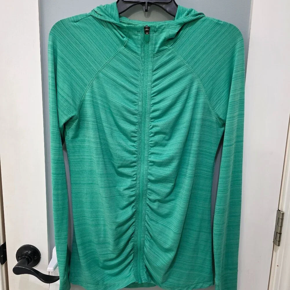 Athleta Ruched Zip Up Jacket Women’s M Green Hooded Long Sleeve Activewear - Picture 1 of 12